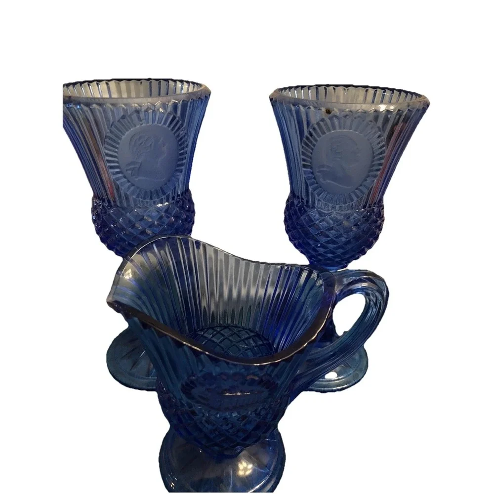 George & George (2) Goblets with A Mt. Vernon Gravy pitcher - Cobalt Blue Glass
